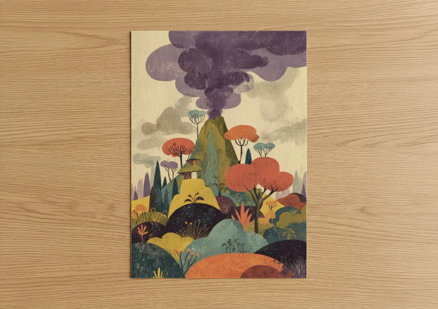 Whimsical Volcano Illustration Wall Art