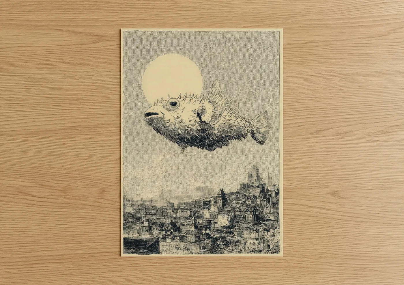 Art print on warm oak wood — black and white and cream palette — Giant Puffer Fish poster
