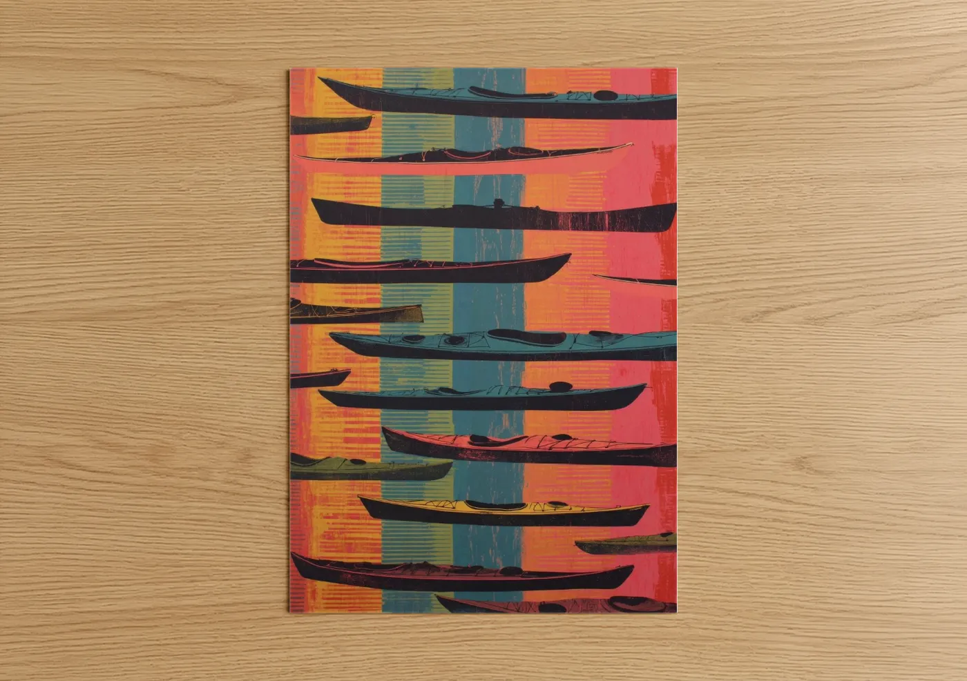 Kayaks and canoes art print on warm oak wood — orange and teal palette — Vibrant Kayak Stack poster