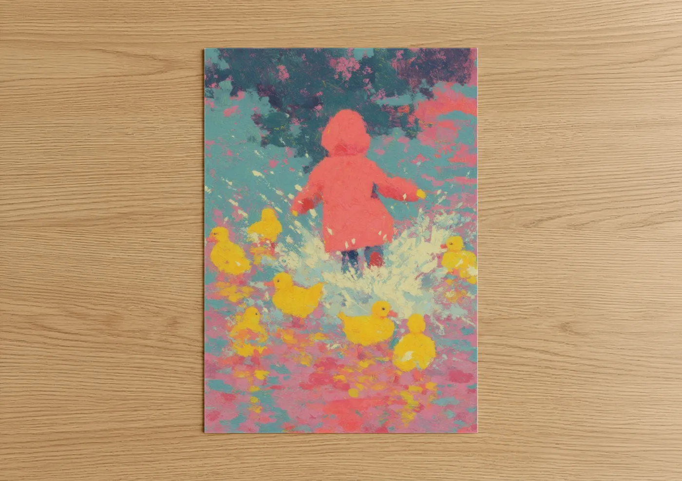 Kids animals art print on warm oak wood — pink and yellow palette — Playful Duckling Adventure poster