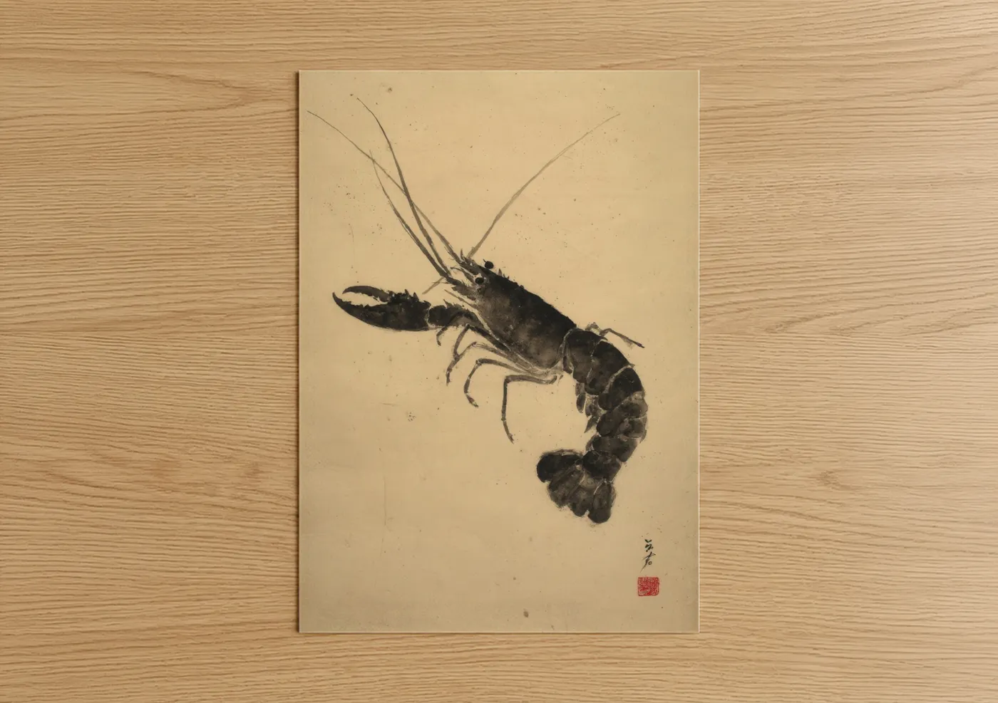 Art print on warm oak wood — black and cream palette — Classic Lobster poster