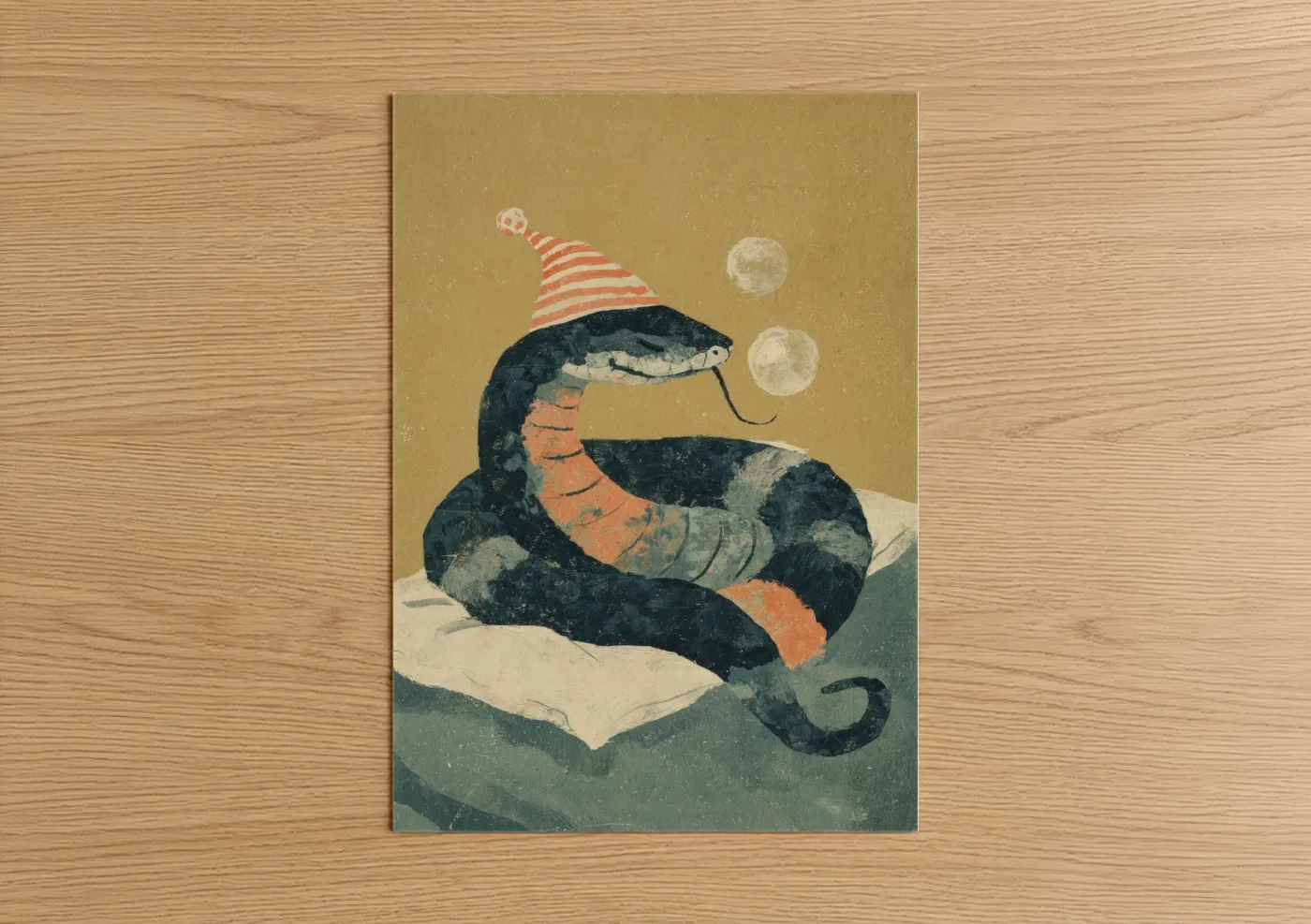 Art print on warm oak wood — gold and black and gold palette — Whimsical Viper poster