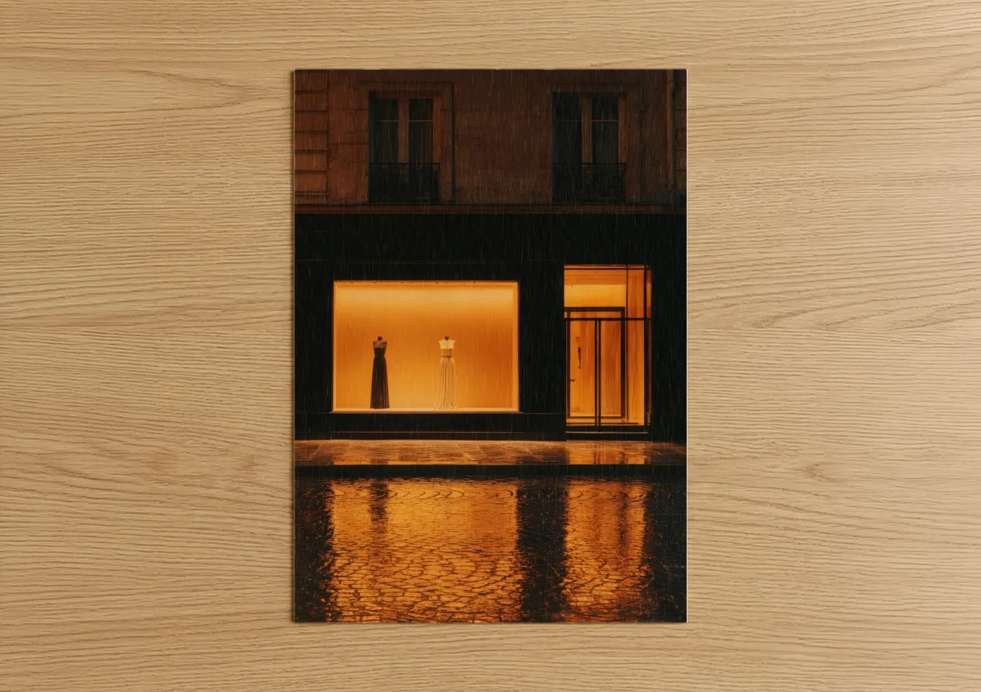 Art print on warm oak wood — orange and black palette — Neon Storefront poster