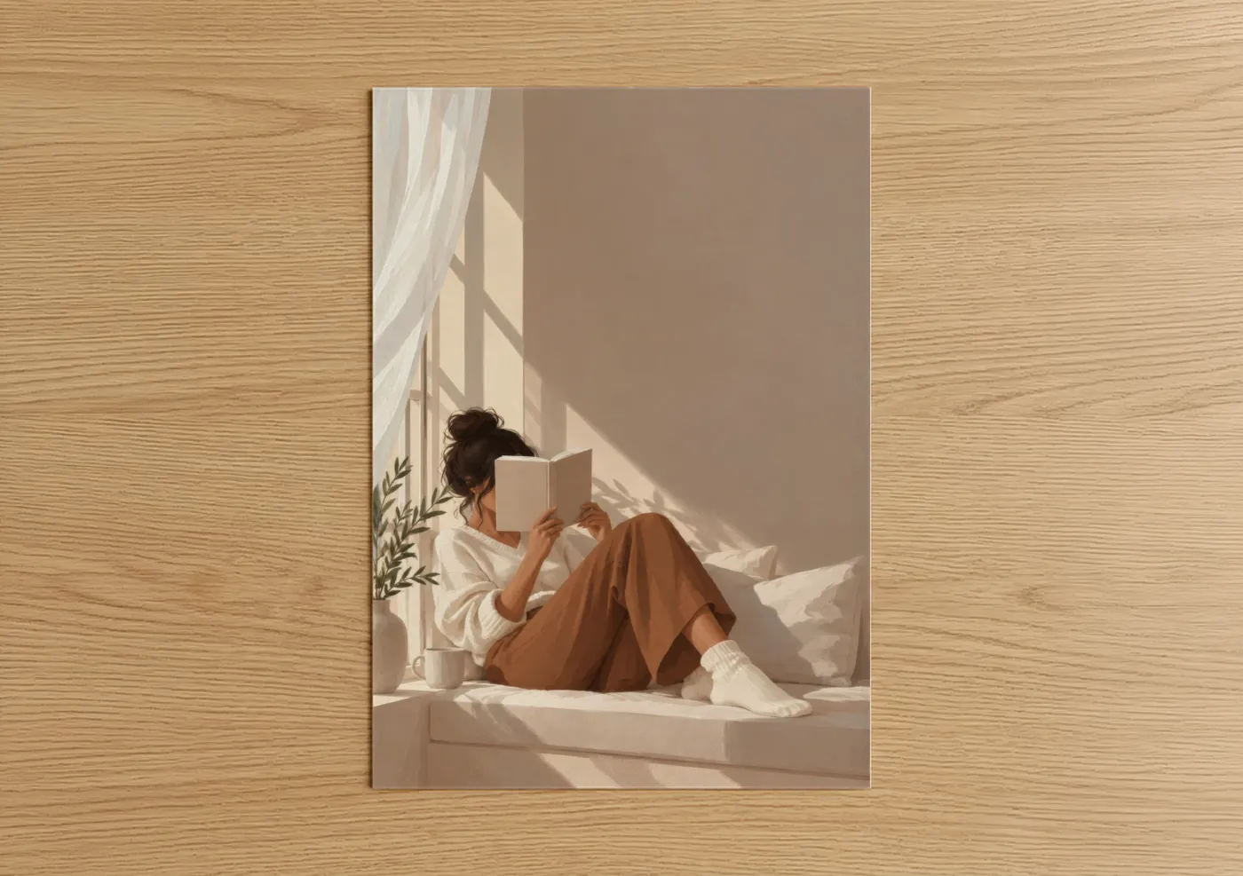 Art print on warm oak wood — beige and cream palette — Woman Reading By Window Wall Art poster
