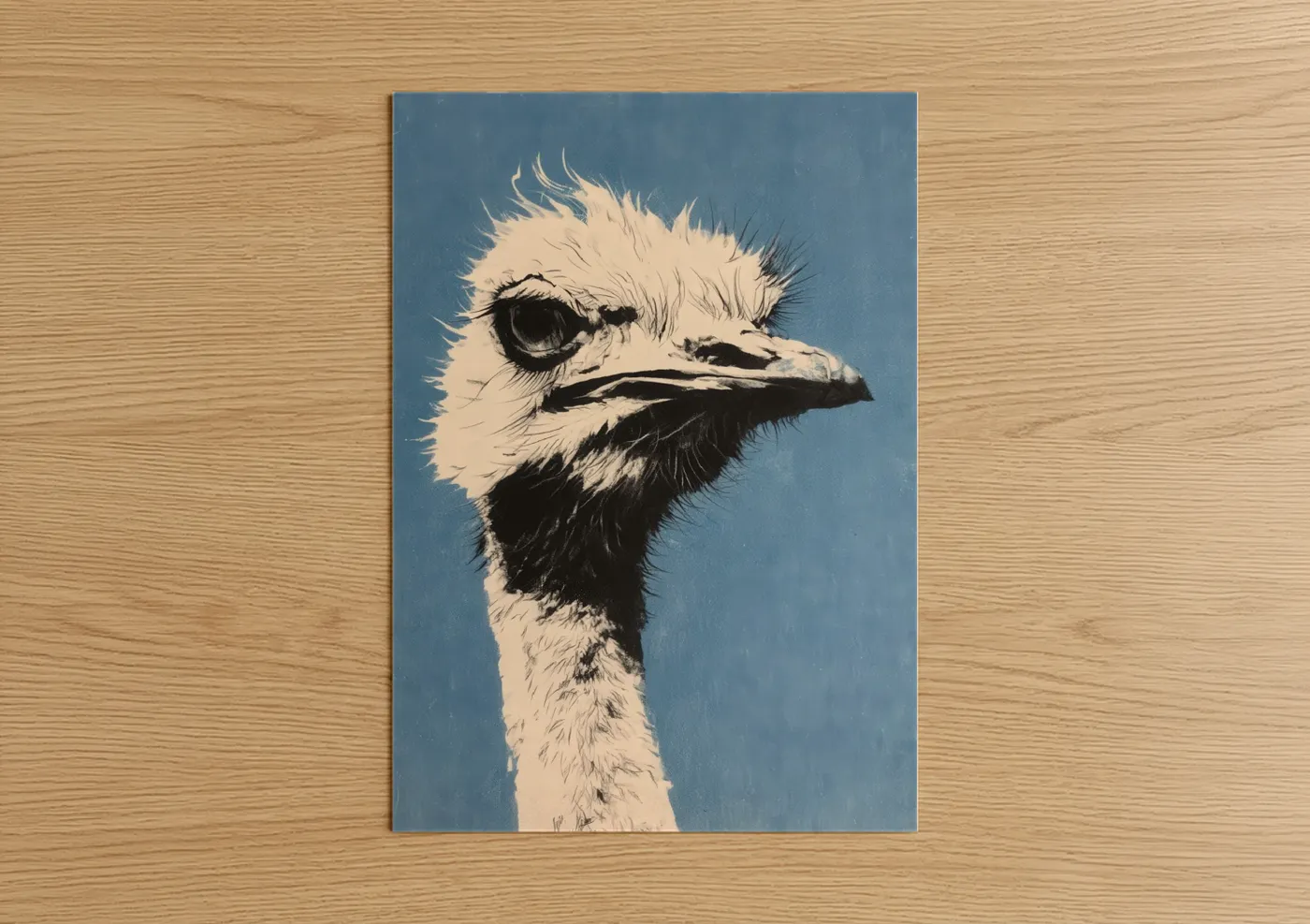 Art print on warm oak wood — blue and white and black and white palette — Curious Ostrich poster