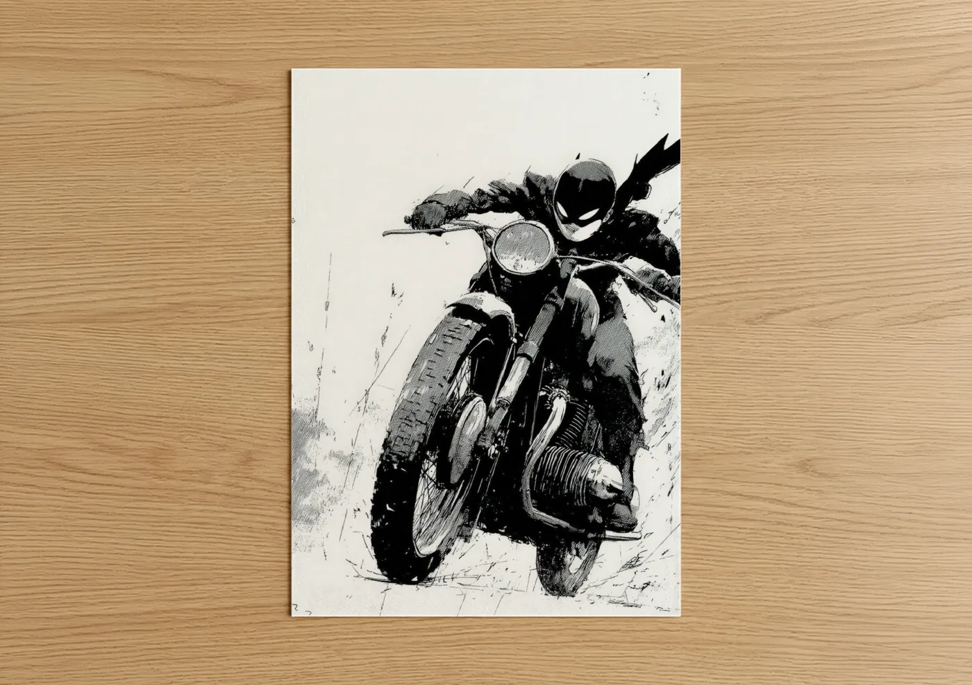 Vintage motorcycle art print on warm oak wood — black and white palette — Speeding Vintage Rider poster