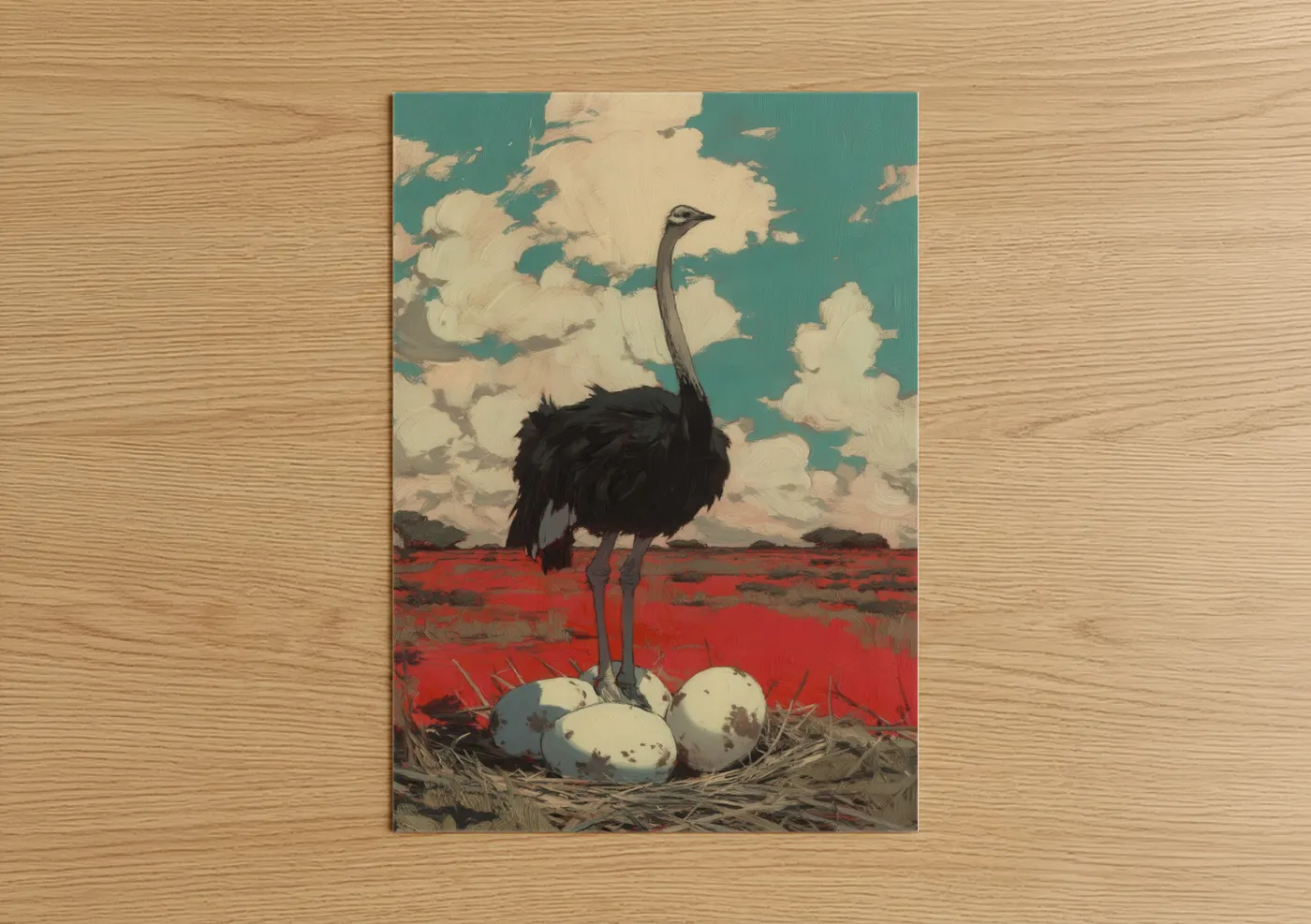 Black Ostrich With Eggs Illustration Wall Art