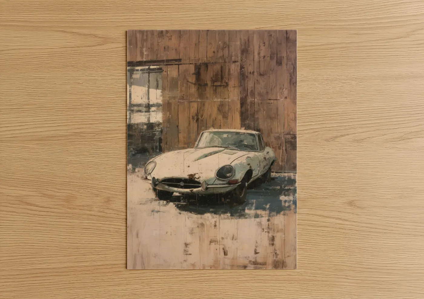 Sports car art print on warm oak wood — russet and dove gray palette — Abandoned Jaguar poster