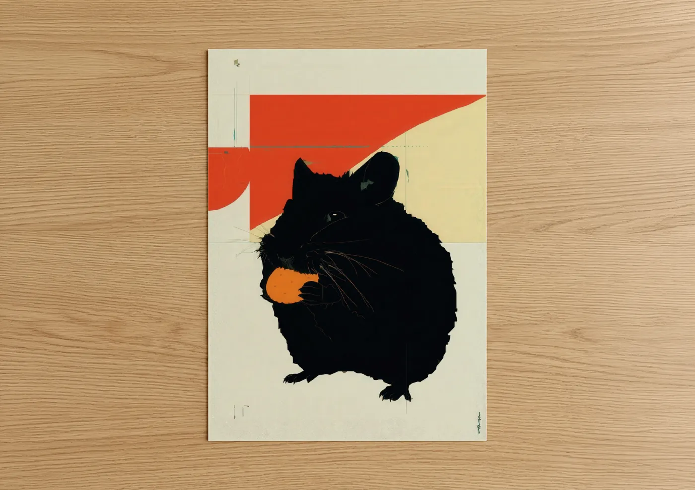 Art print on warm oak wood — black and red palette — Snacking Hamster poster
