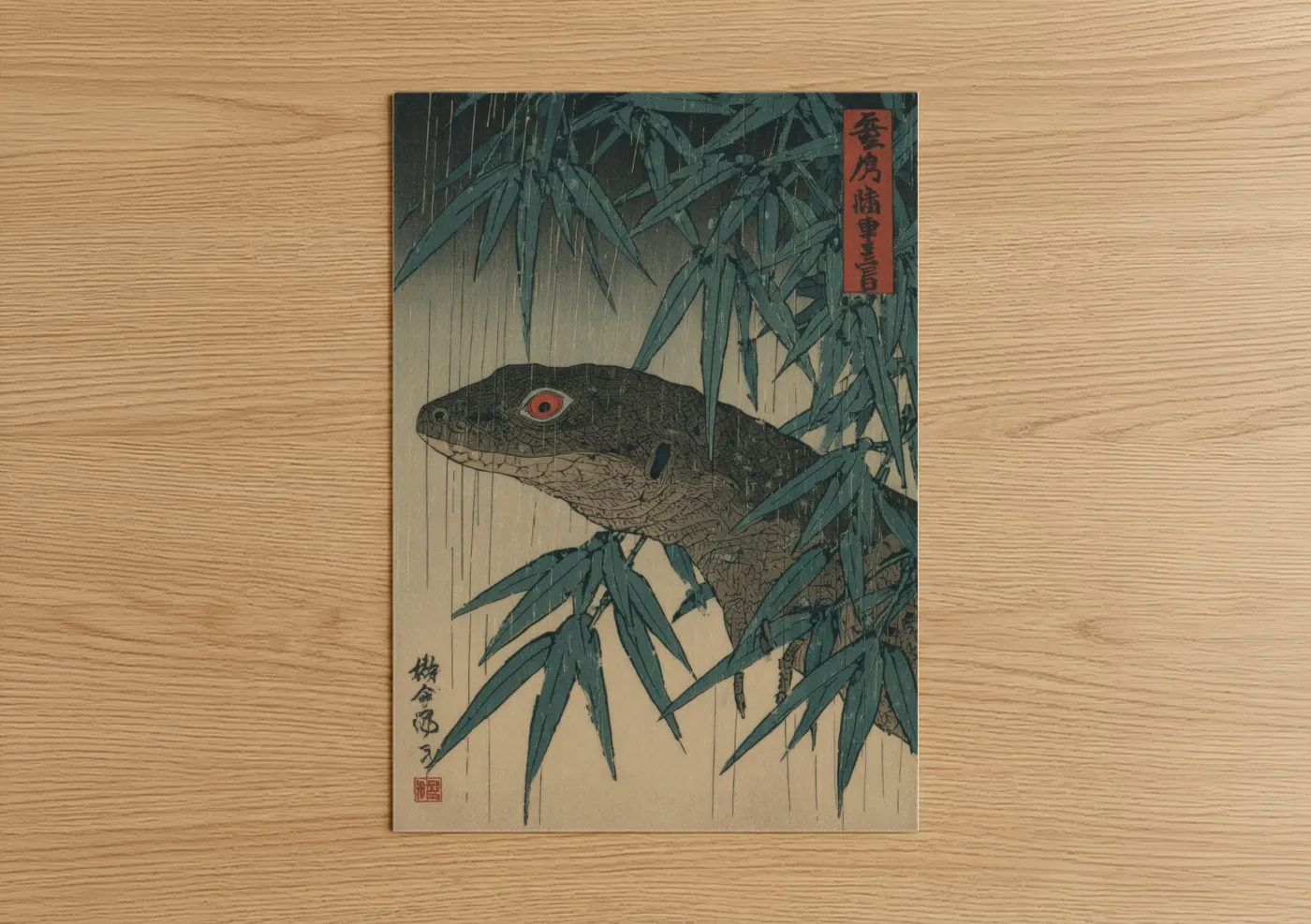 Art print on warm oak wood — teal and cream palette — Bamboo Lizard poster