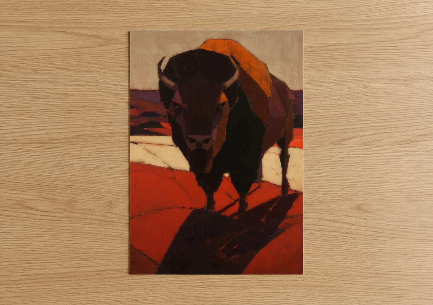 Art print on warm oak wood — red and orange palette — Desert Bison poster