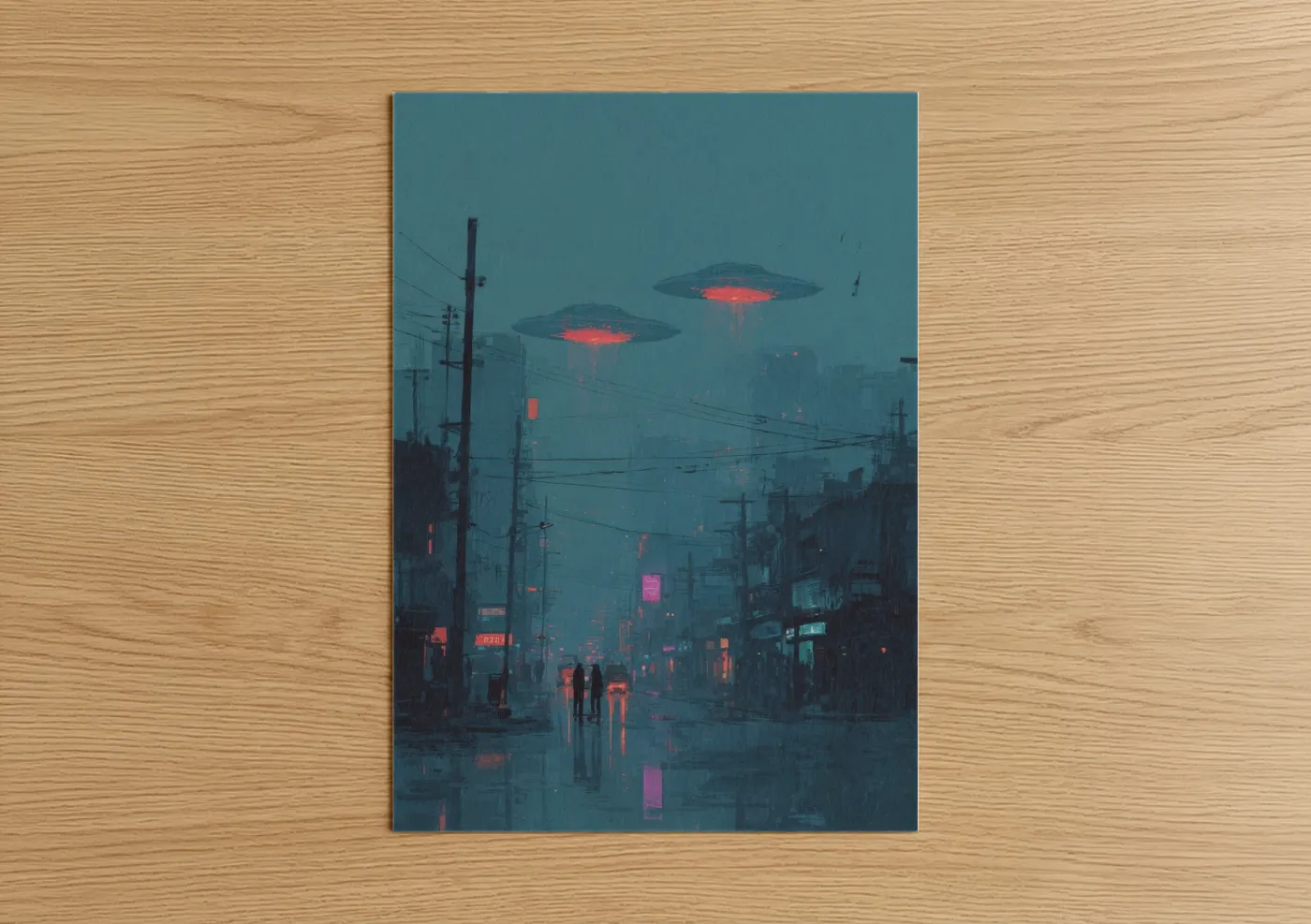 Neon UFO Invasion Cyberpunk City Wall Art