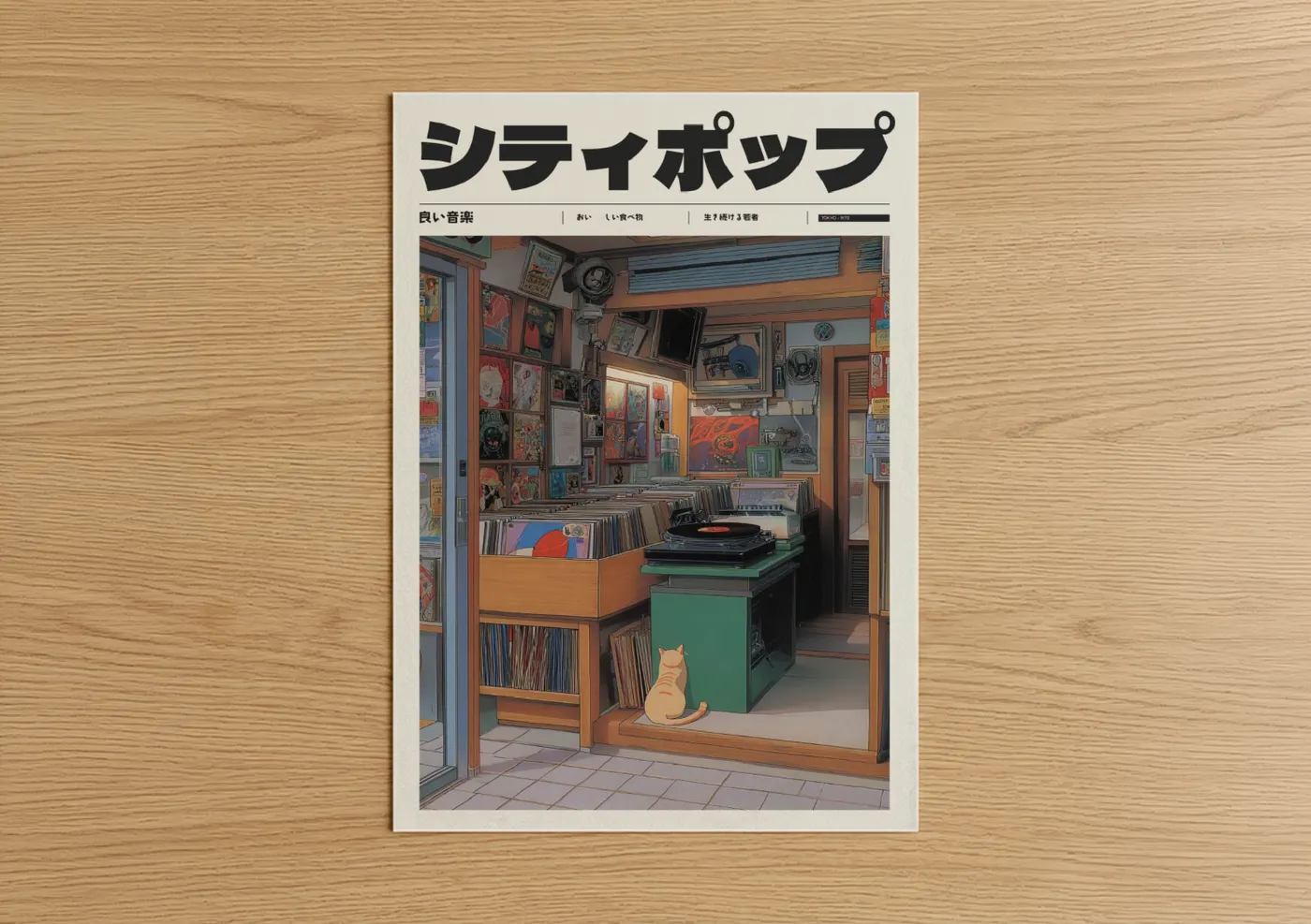 Retro Anime Vinyl Record Shop Cat Wall Art