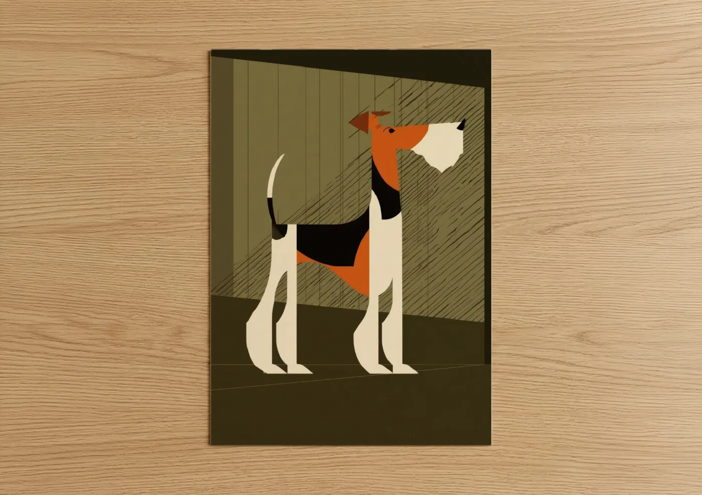 Art print on warm oak wood — cream and russet palette — Geometric Terrier poster