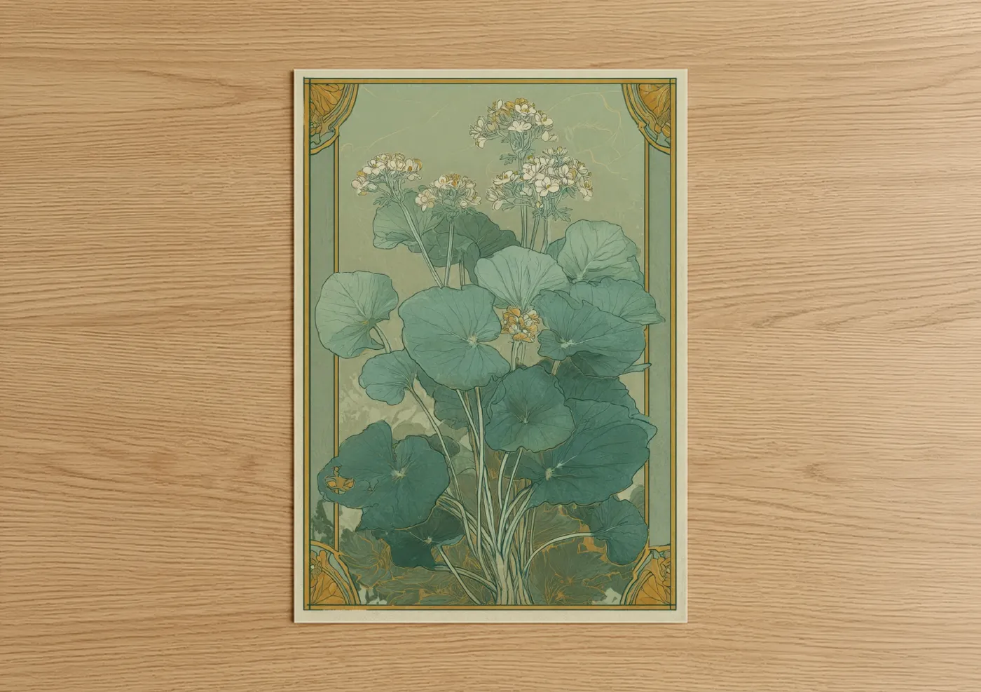 Herbs art print on warm oak wood — sage green and gold palette — Nasturtium Botanical poster