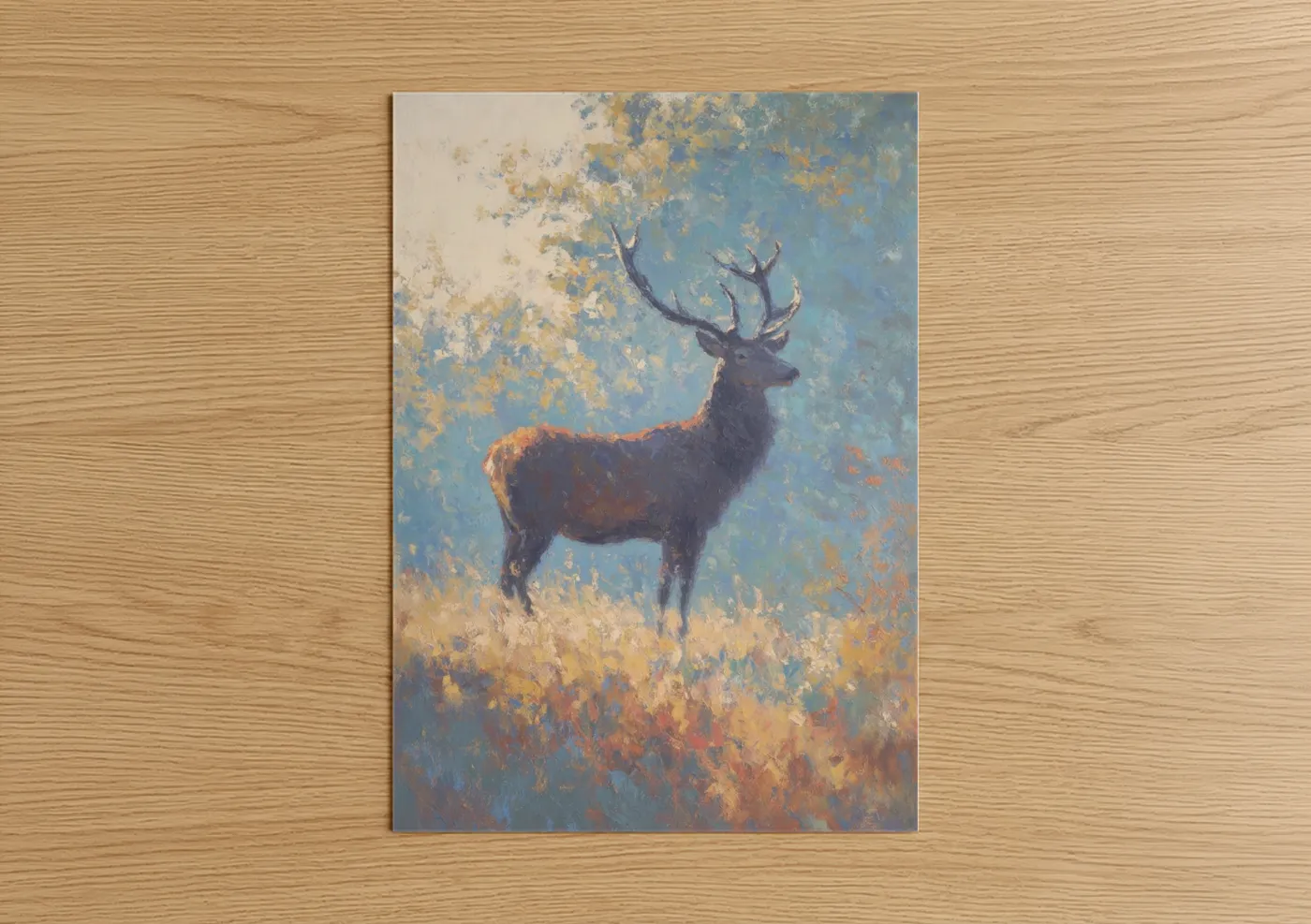 Art print on warm oak wood — gold and blue palette — Golden Reindeer poster