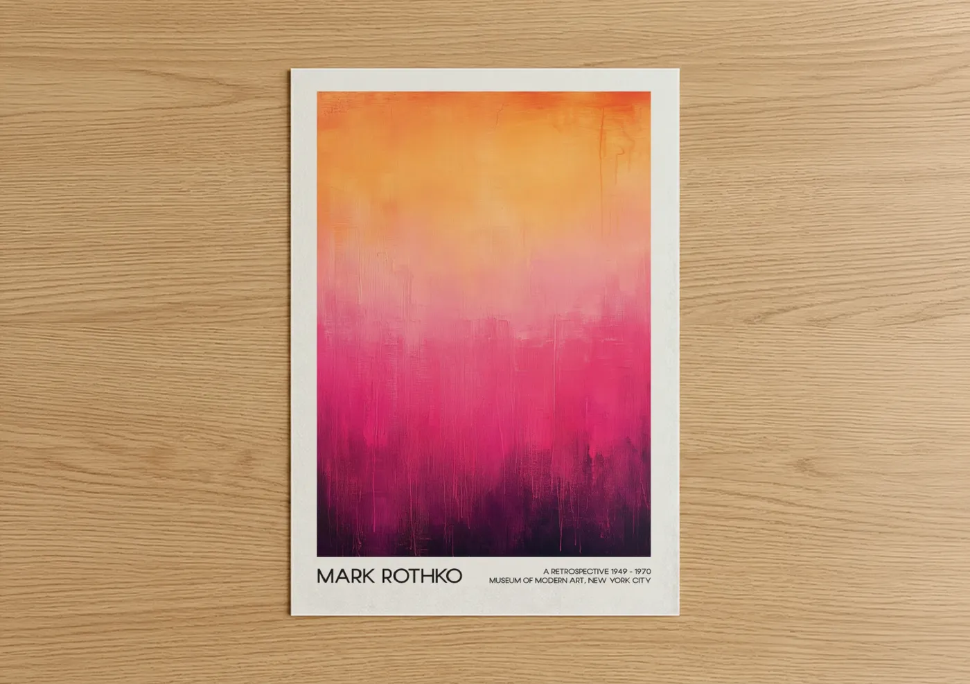 Abstract classic art print on warm oak wood — magenta and orange palette — Crimson Cityscape poster