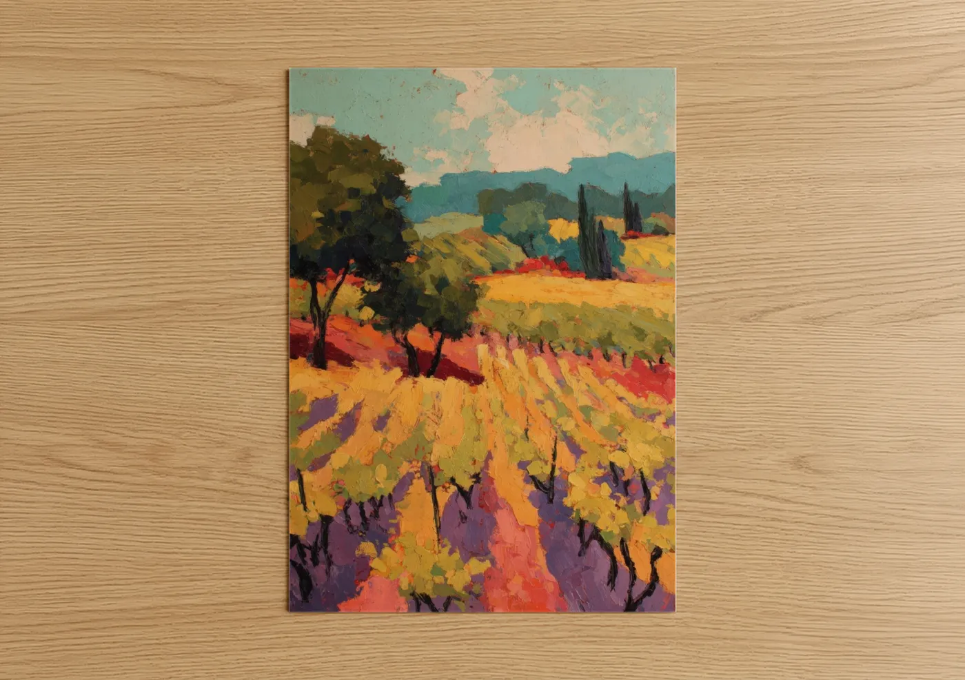 Vineyards art print on warm oak wood — gold and purple palette — Tuscan Vineyard poster