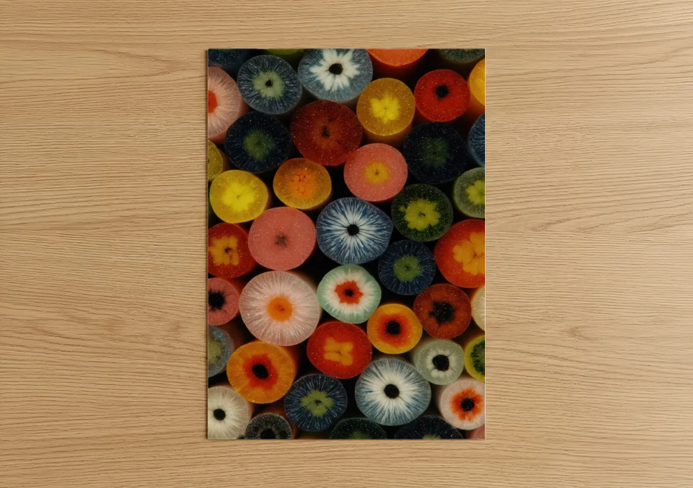 Glassworking art print on warm oak wood — blue and red palette — Colorful Glass Spheres poster