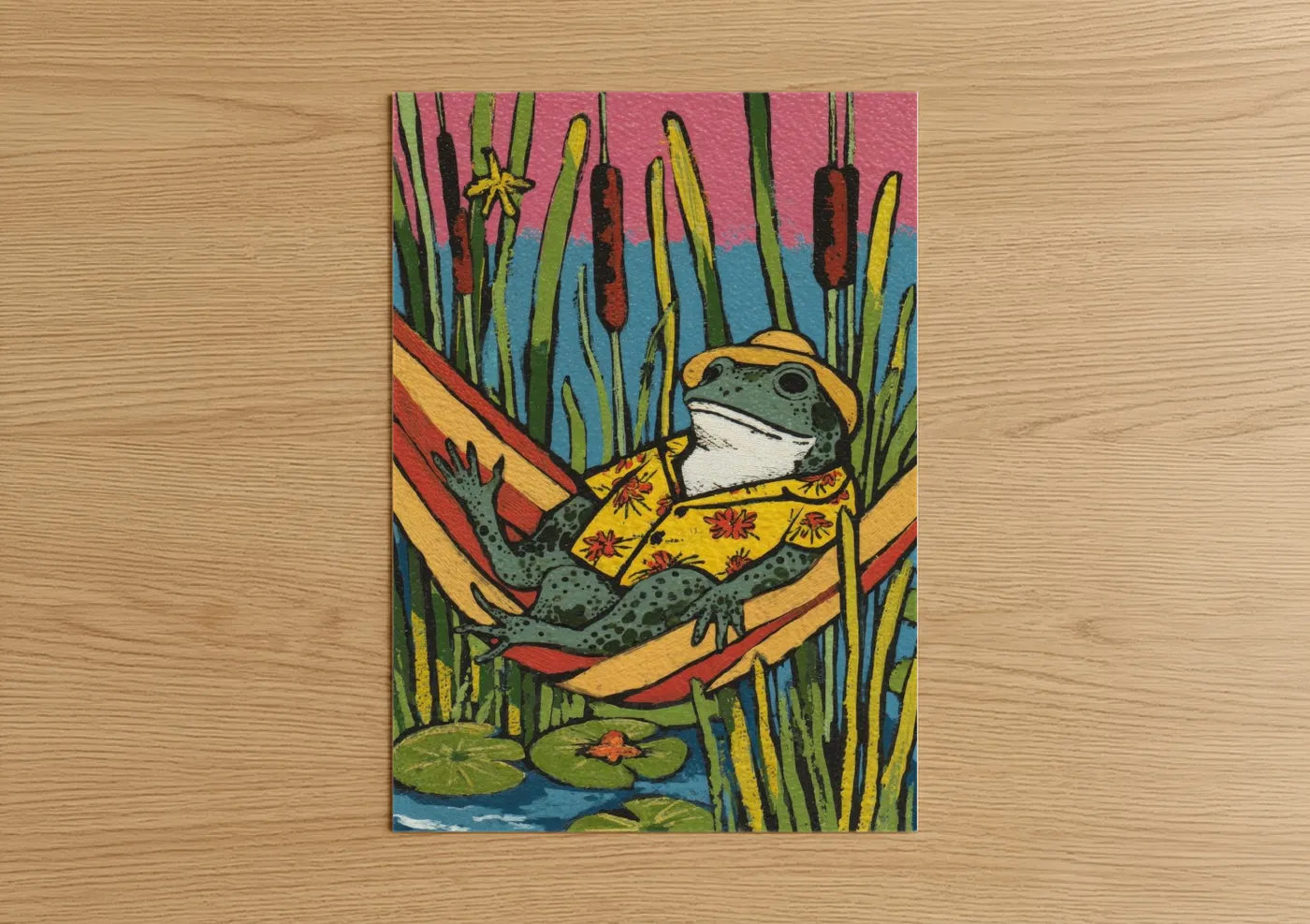 Frogs and toads art print on warm oak wood — pink and green palette — Relaxing Pond Frog poster