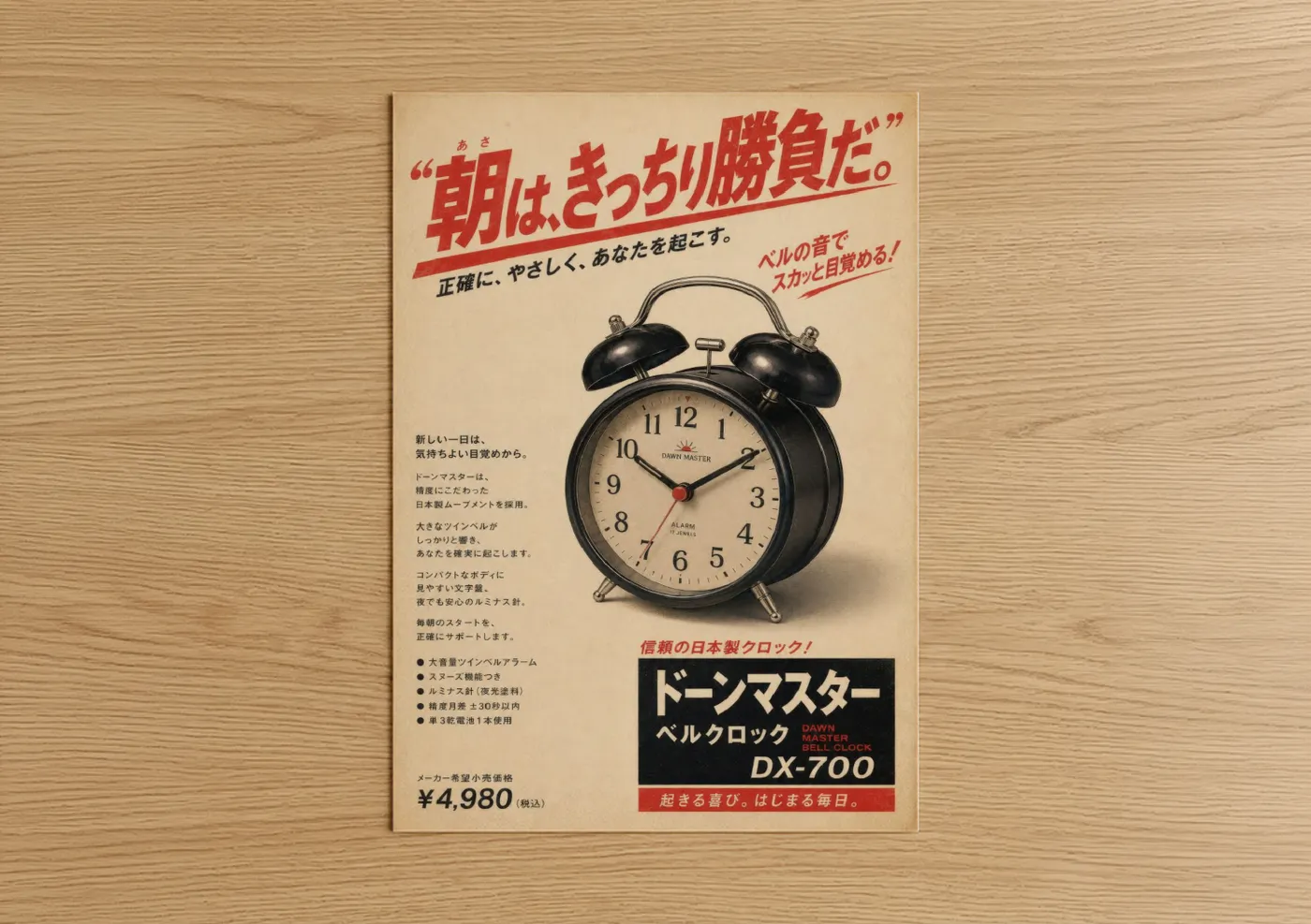 Art print on warm oak wood — black and cream palette — Vintage Japanese Alarm Clock Wall Art poster