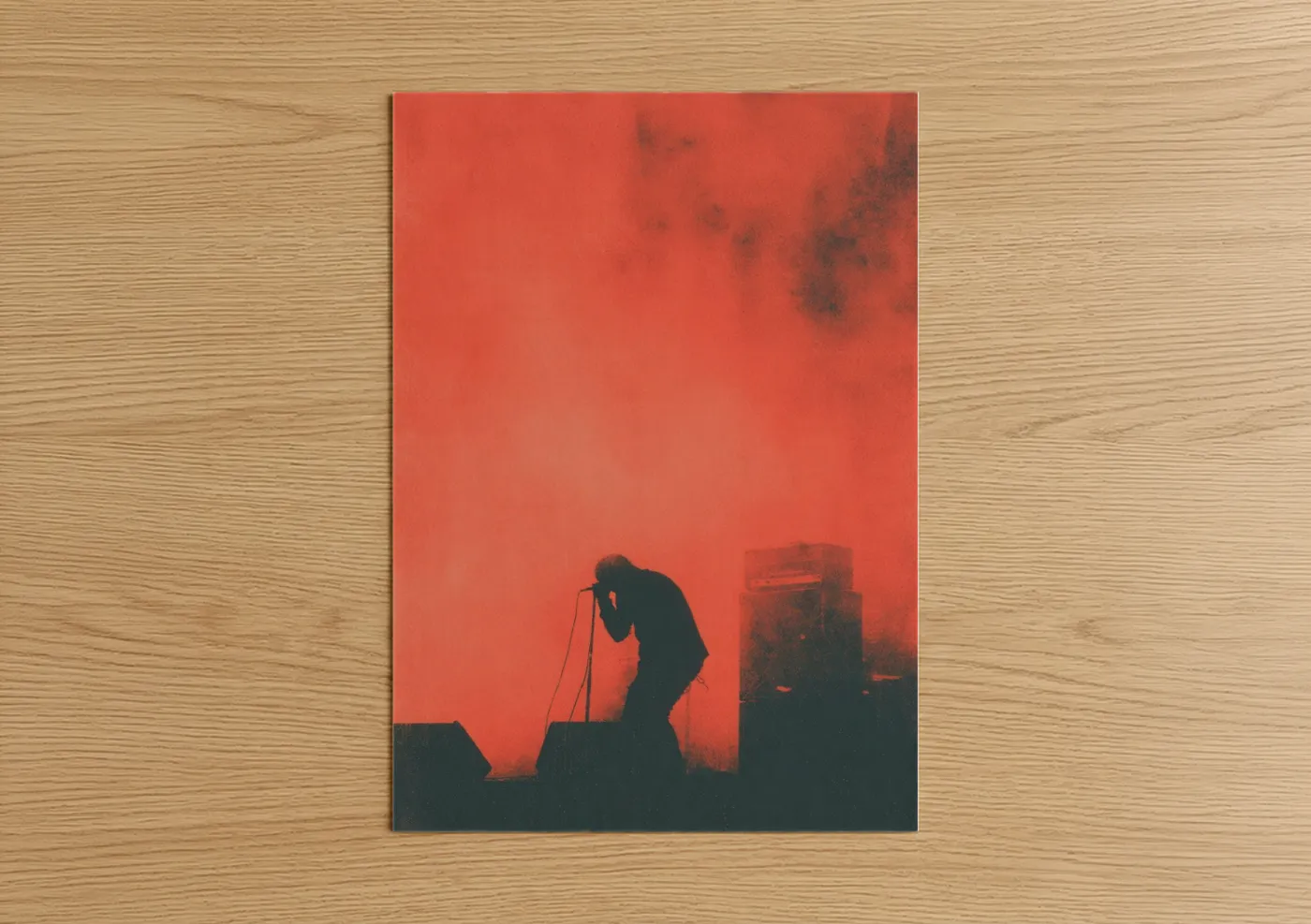 Death metal art print on warm oak wood — red and black palette — Crimson Stage Silhouette poster