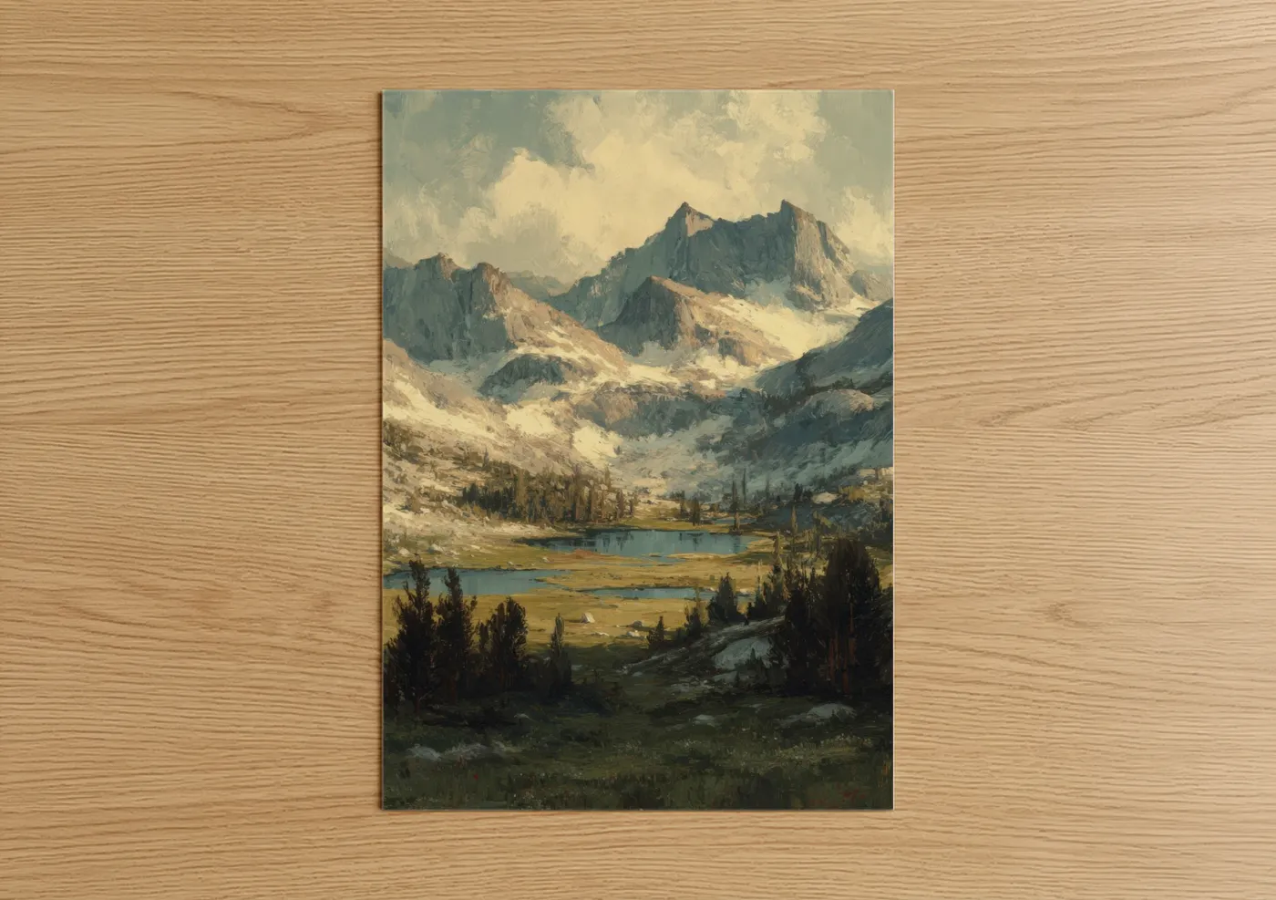 Sierra nevada art print on warm oak wood — blue and gold and olive palette — Alpine Sierra Valley poster