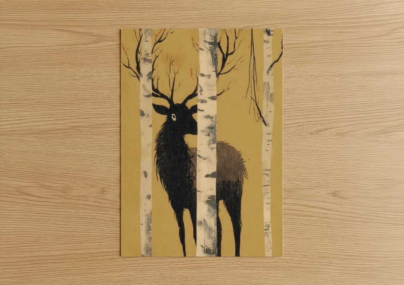 Art print on warm oak wood — yellow gold and black and white palette — Golden Elk Forest poster