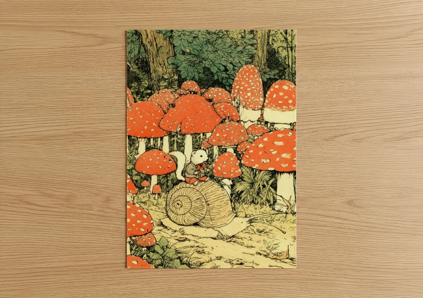 Art print on warm oak wood — orange and green palette — Mushroom Forest Ferret poster