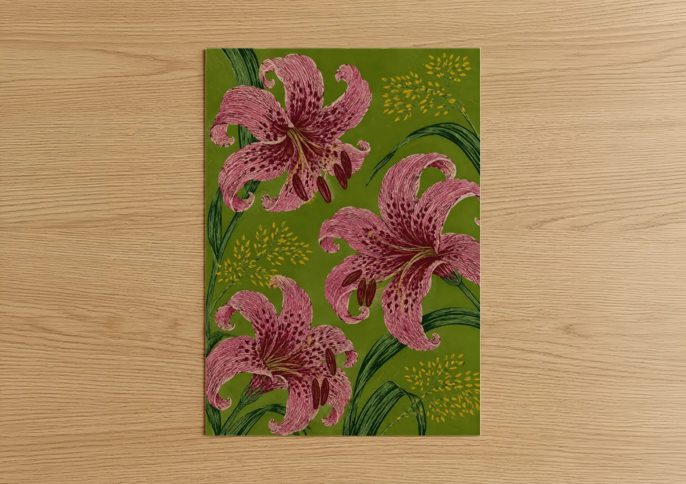 Art print on warm oak wood — olive and pink palette — Pink Lily Floral Wall Art poster