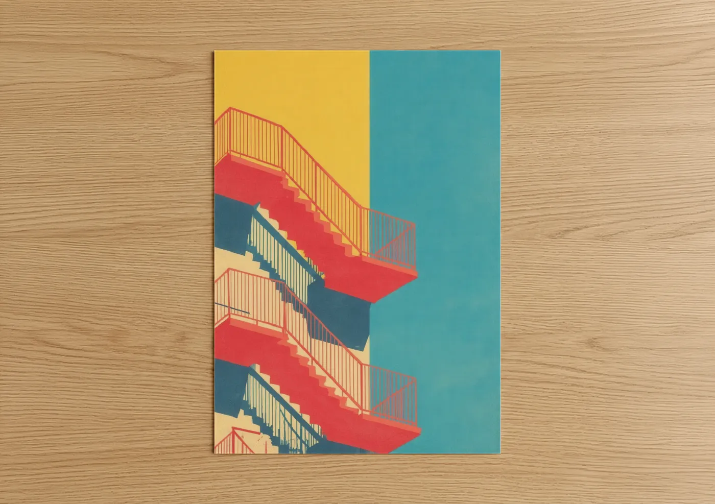 Art print on warm oak wood — red and teal palette — Crimson Staircase poster