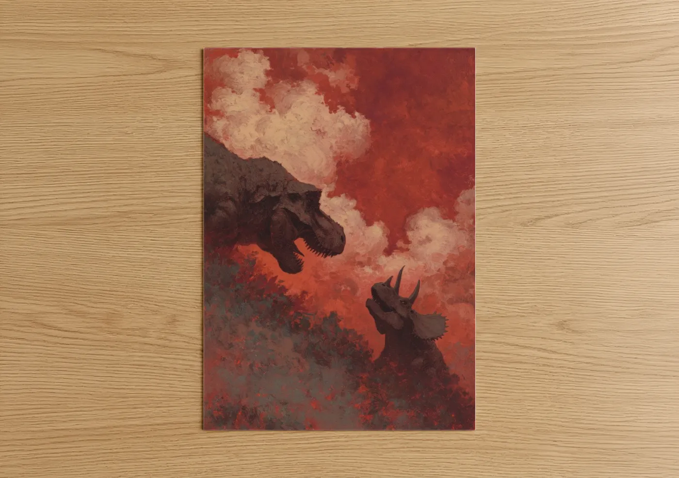Crimson Dinosaur Duel Dramatic Sky Wall Art