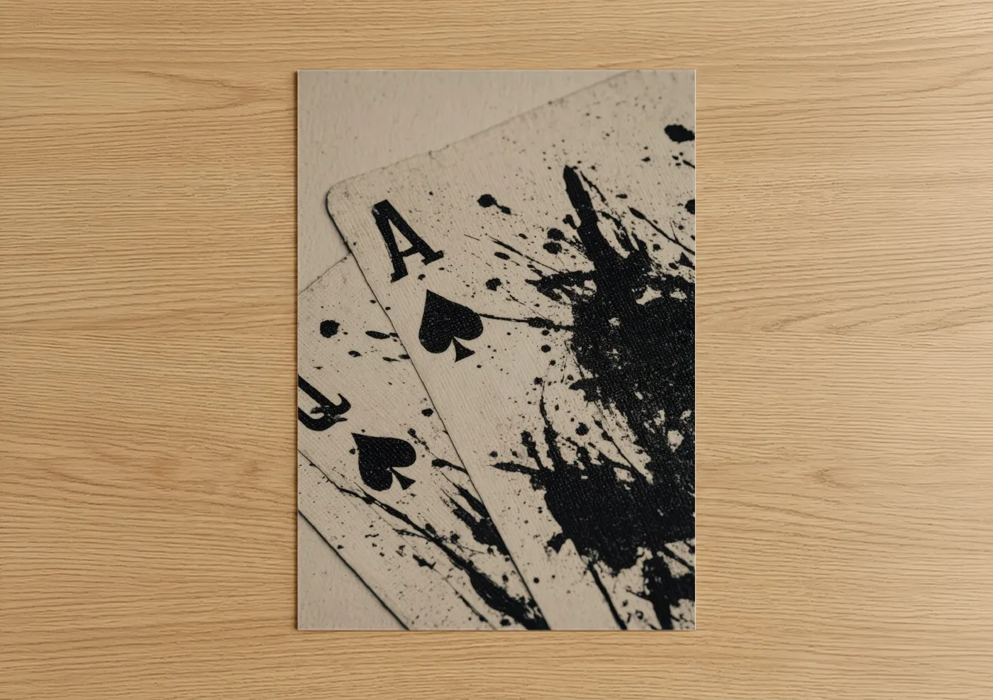 Card game art print on warm oak wood — black and white palette — Ace Splatter poster