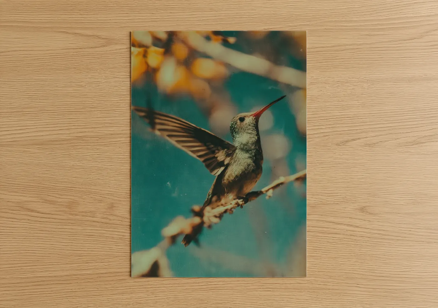 Art print on warm oak wood — gold and teal palette — Ruby-Throated Hummingbird poster