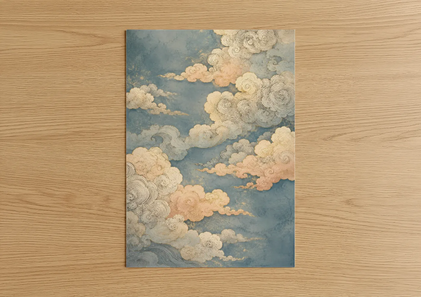 Art print on warm oak wood — blue and cream palette — Japanese Cloud Sky Wall Art poster