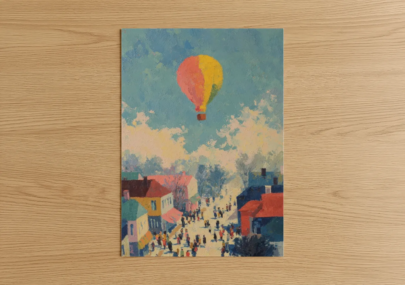 Vintage Hot Air Balloon Town Illustration Wall Art