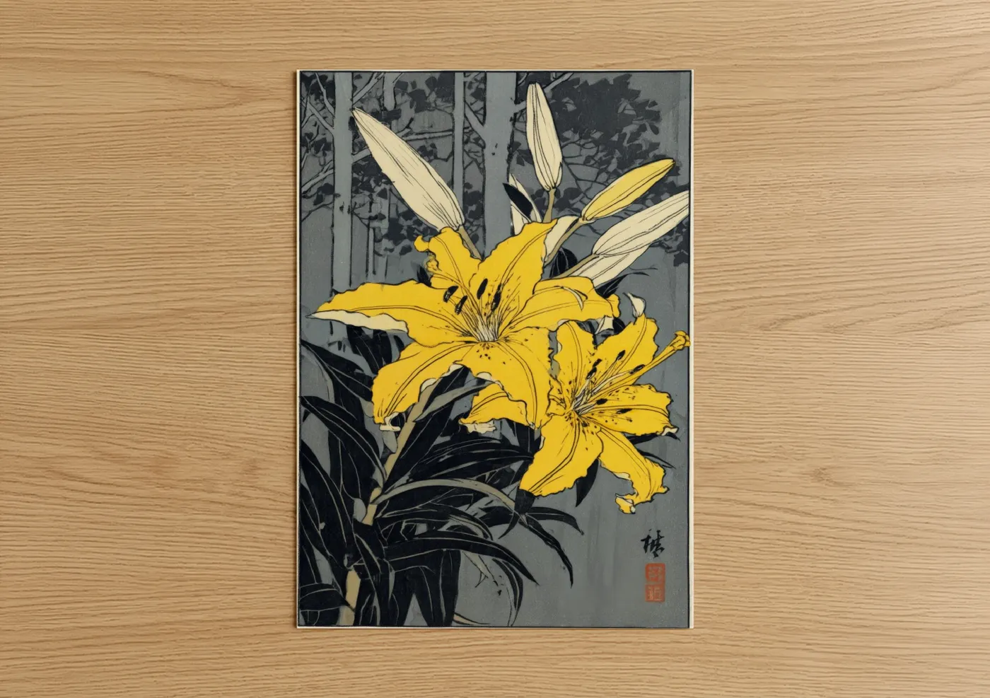 Golden Amarillys Japanese Woodblock Wall Art