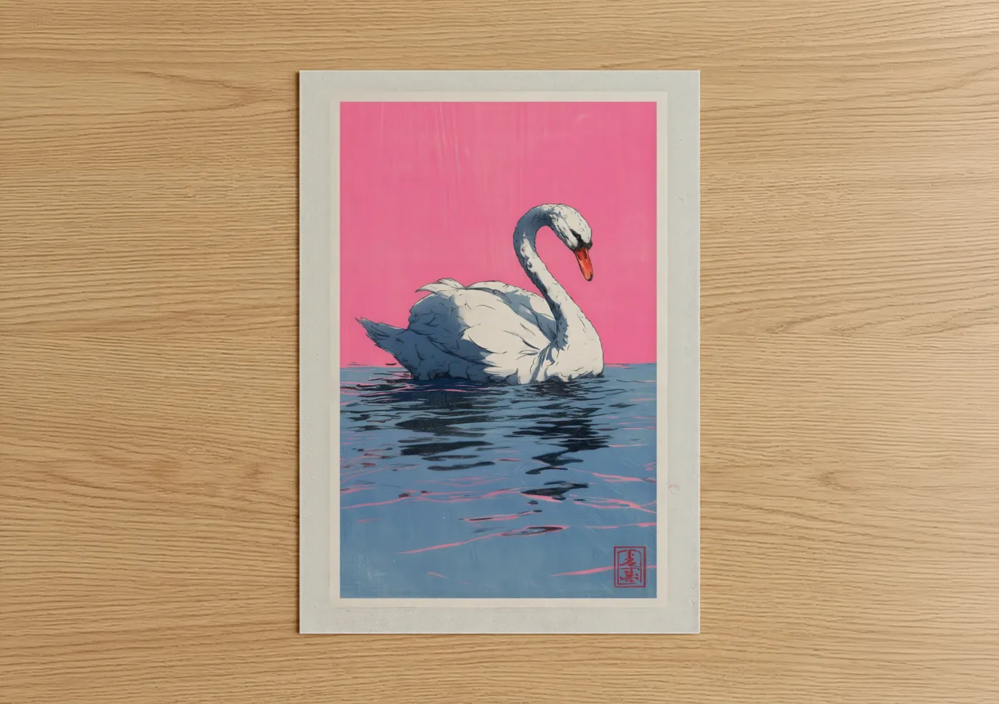 Art print on warm oak wood — pink and blue palette — Pink Swan poster