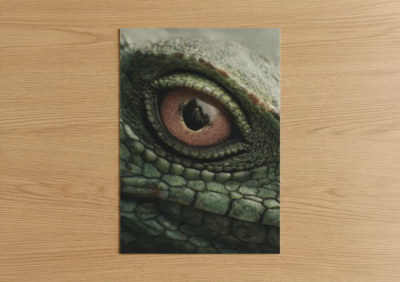 Art print on warm oak wood — true green and russet palette — Emerald Basilisk poster