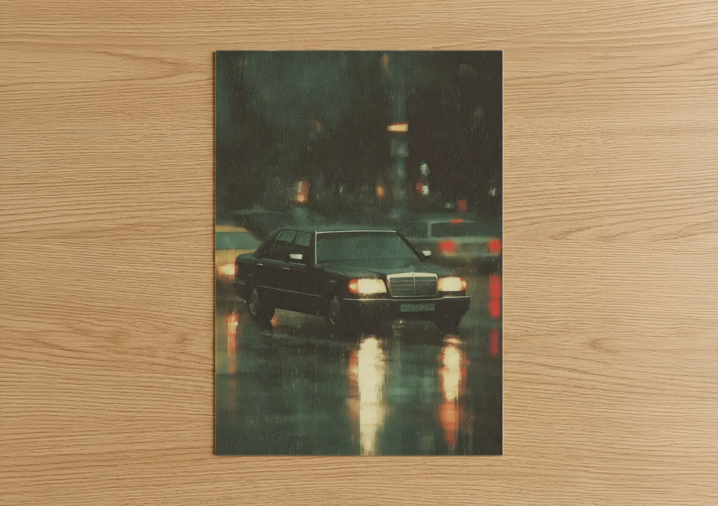 Classic Car Rainy Night Cityscape Wall Art
