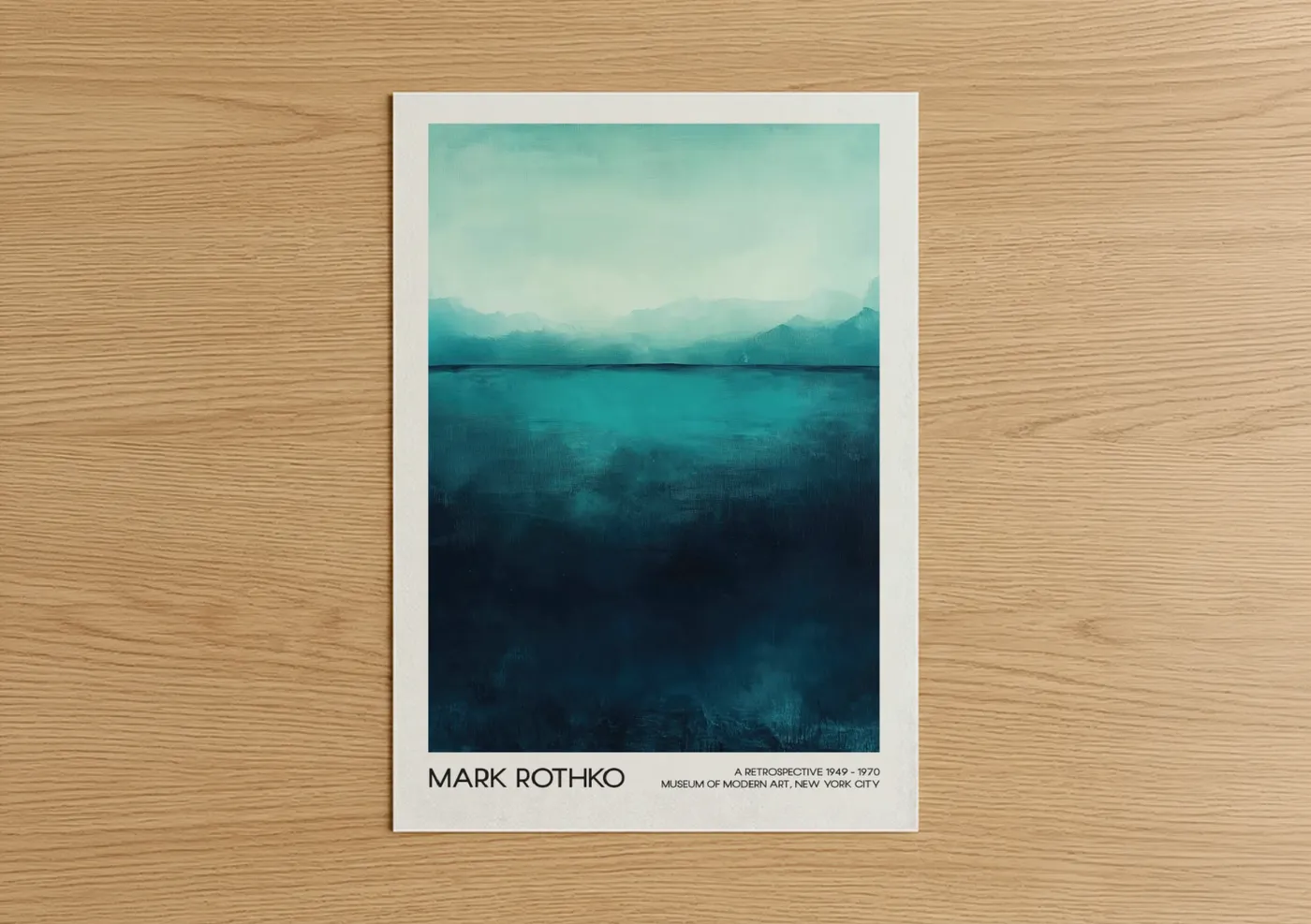 Abstract classic art print on warm oak wood — teal and dark blue palette — Misty Lake Horizon poster