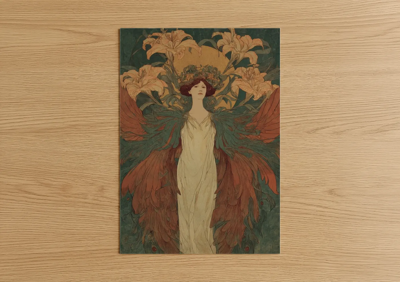 Art print on warm oak wood — gold and teal palette — Crimson Phoenix poster