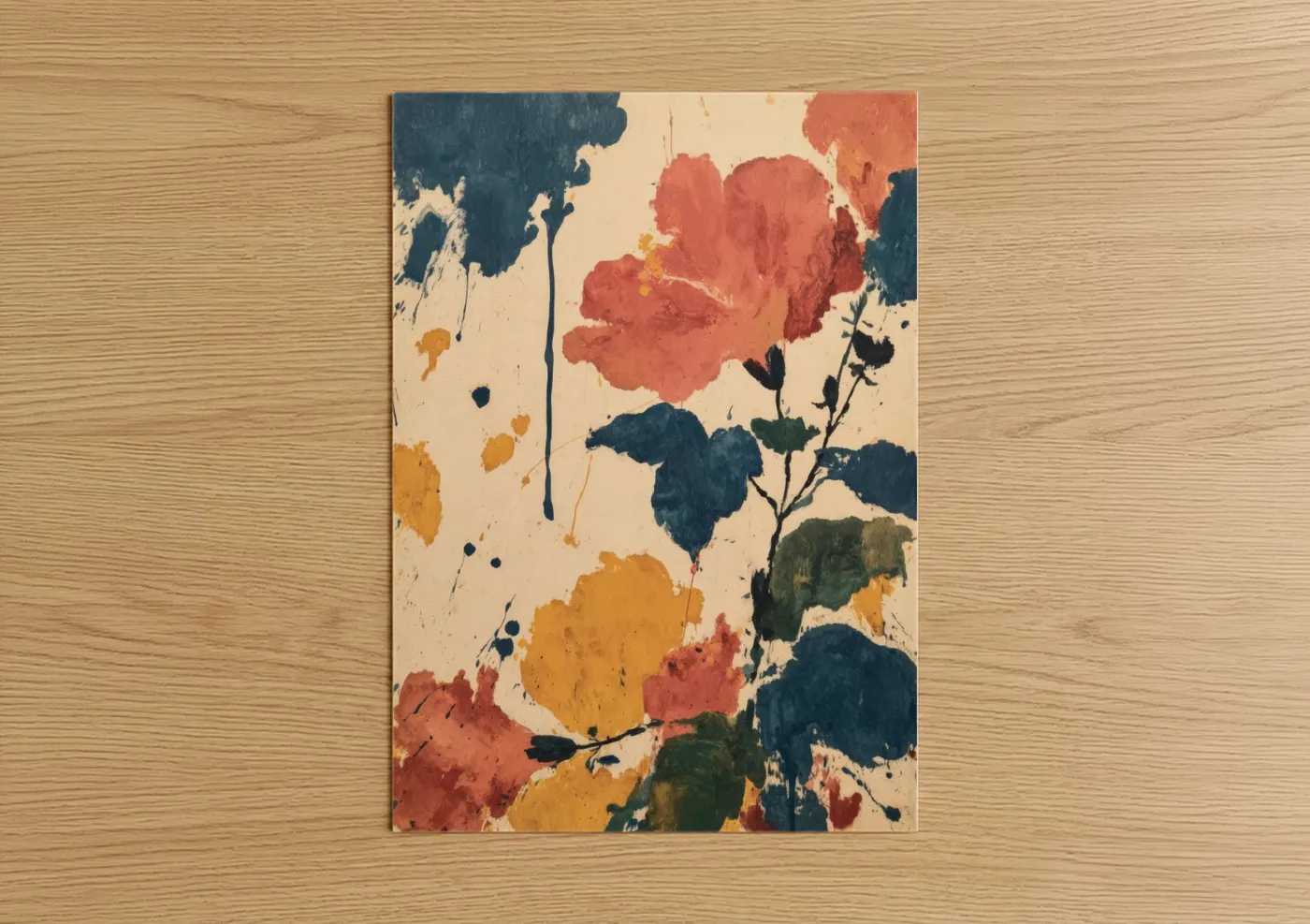 Art print on warm oak wood — red and gold palette — Crimson Hibiscus poster