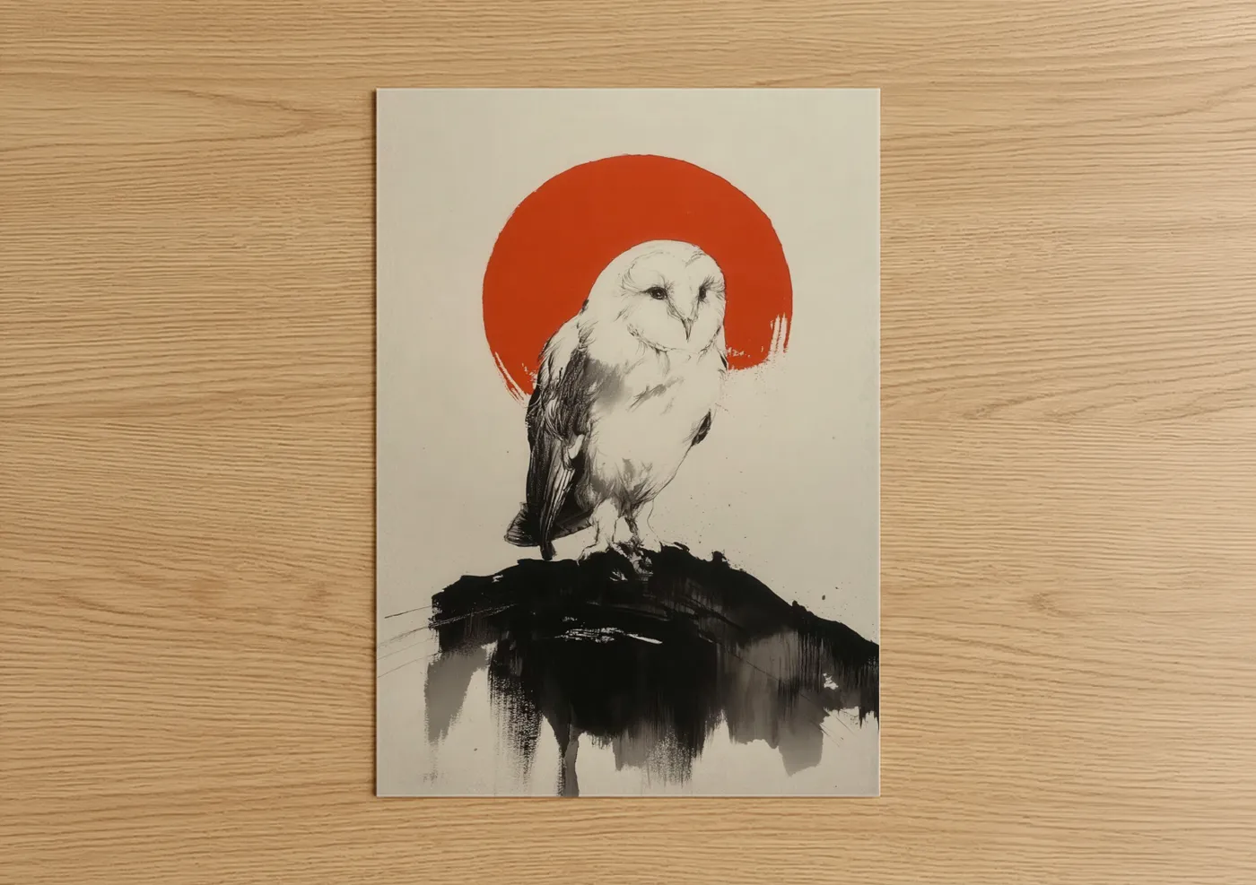 Barn Owl Crimson Circle Modern Wall Art