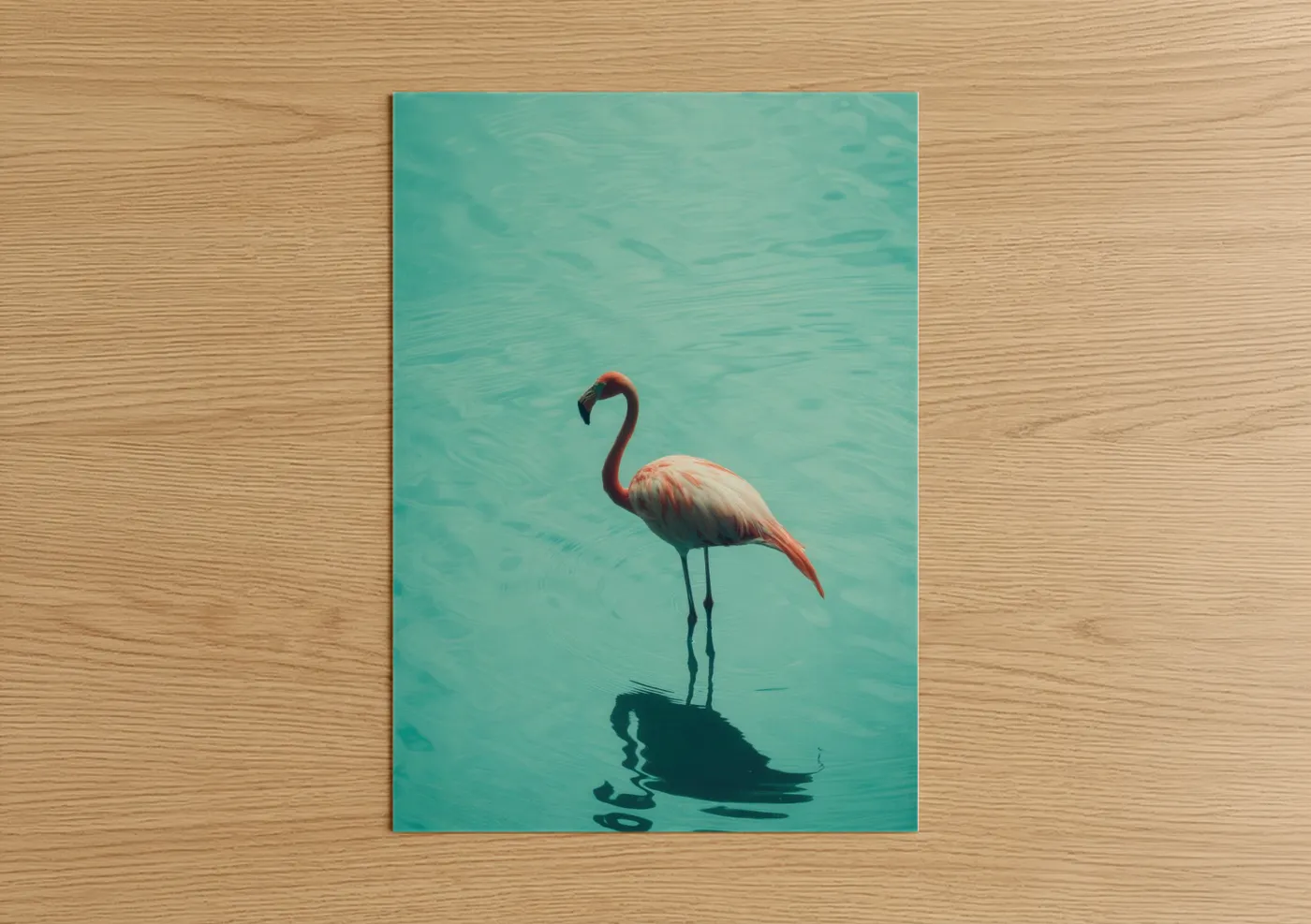 Art print on warm oak wood — turquoise and salmon pink palette — Turquoise Flamingo poster