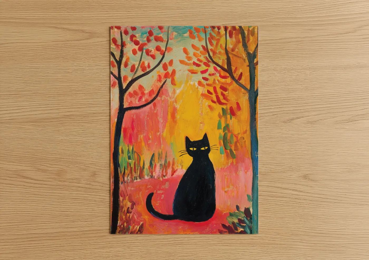 Art print on warm oak wood — orange and yellow gold palette — Autumn Cat poster