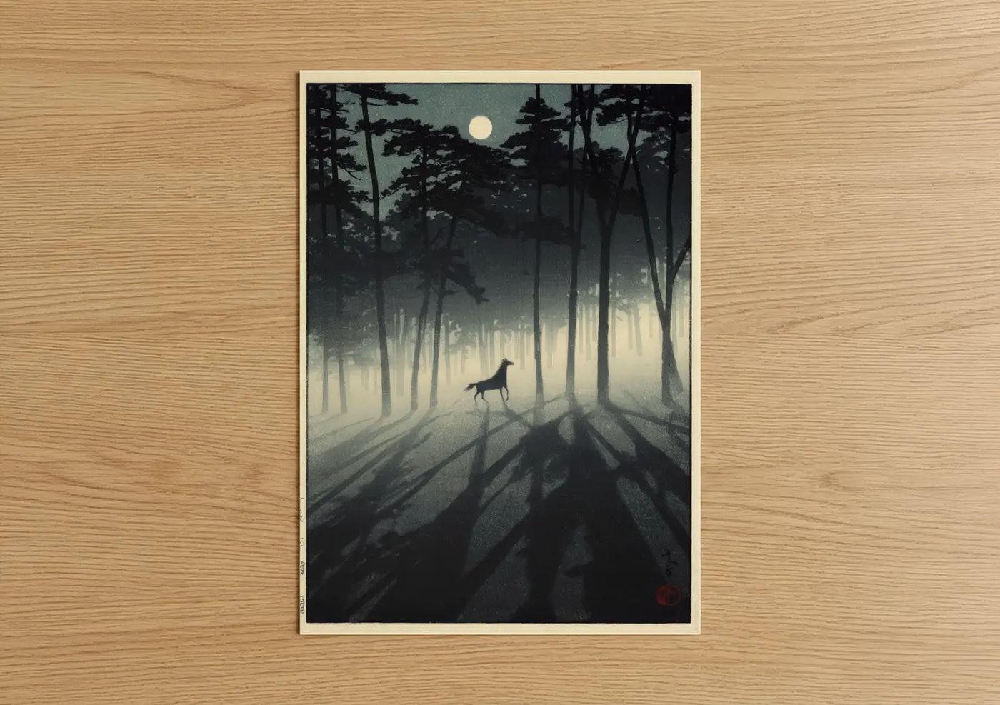Miniature horse art print on warm oak wood — black and white and gray palette — Moonlit Horse poster