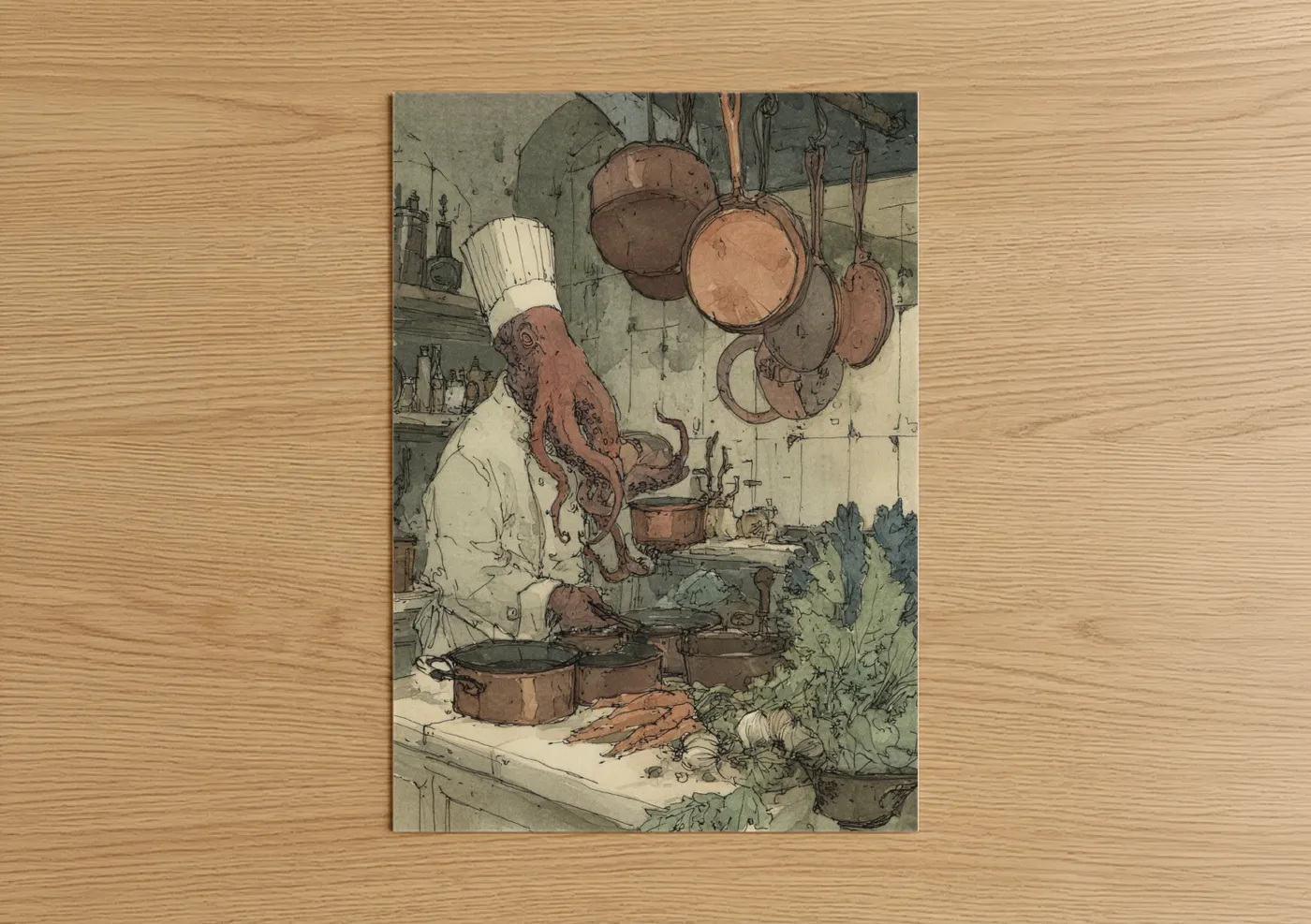 Octopus Chef in Vintage Kitchen Illustration Wall Art