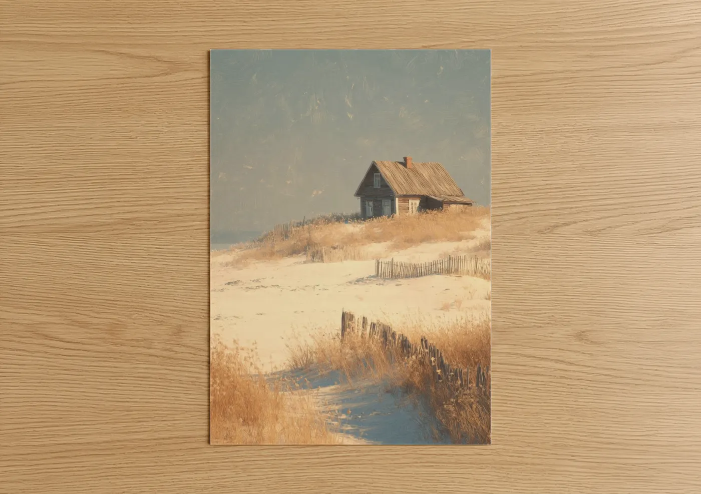 Art print on warm oak wood — gold and cream palette — Seaside Cottage Dreams poster
