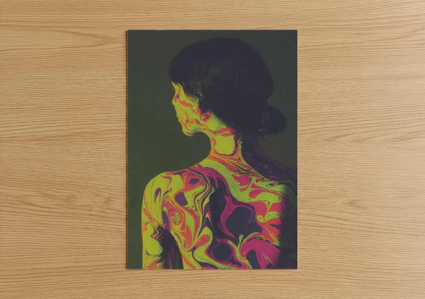 Art print on warm oak wood — yellow gold and magenta palette — Neon Body Art poster